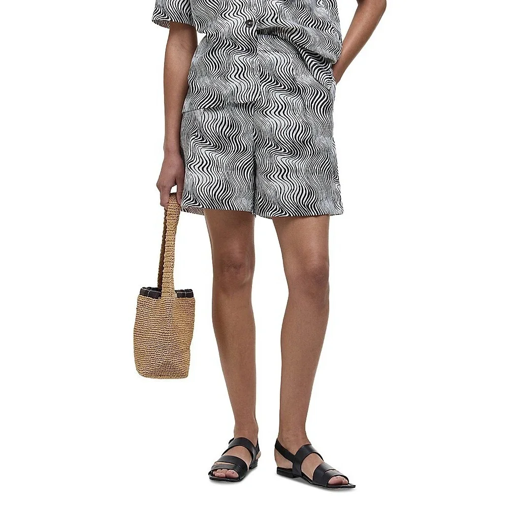 Barbour Romy Linen Blend Shorts Women's 8 Monochrome Zip Fly Hook & Bar Closure